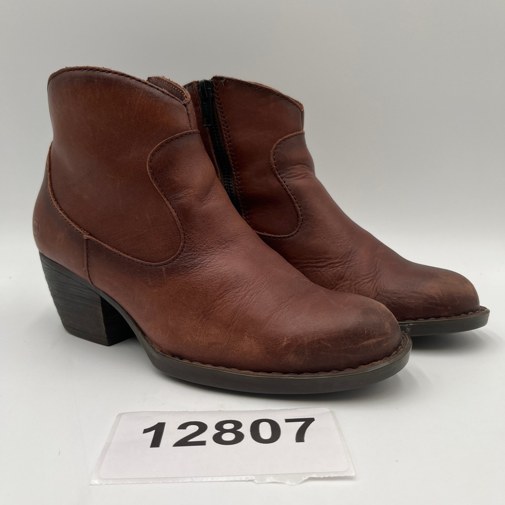 Born Western Ankle Boots Women's 7.5M Brown Leather Side Zipper Round Toe F52606